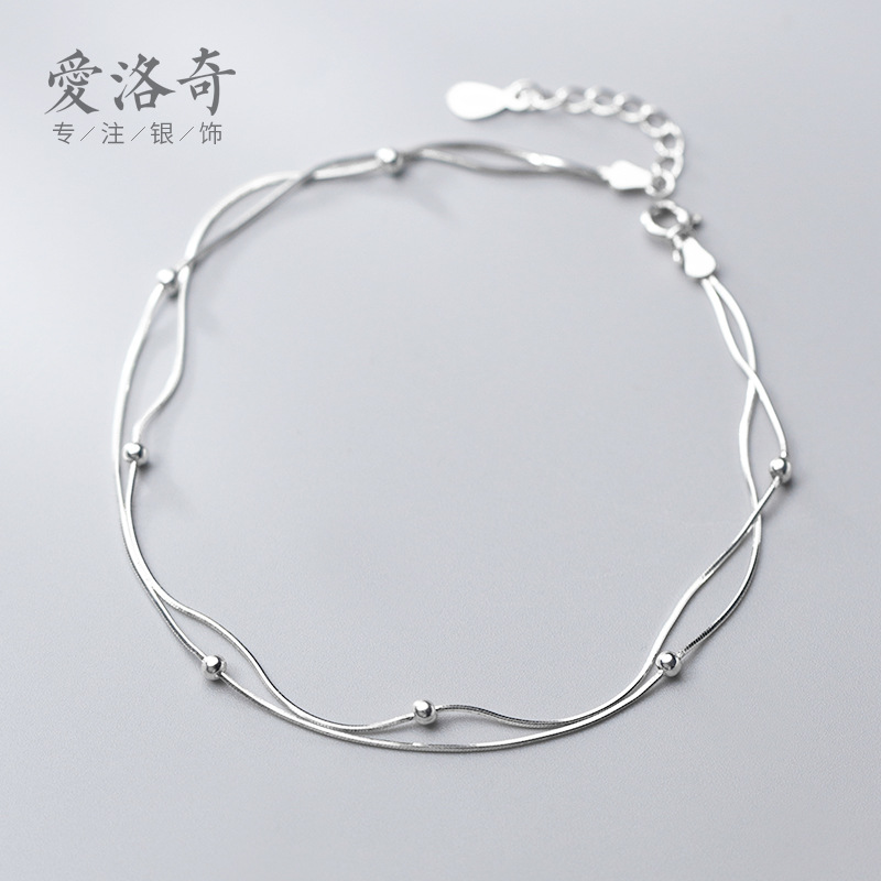 Eloch s925 plata correa de tobillas mujeres estilo coreano temperamento minimalista de doble capa de perlas de luz literatura y arte S3351 cadena de hueso de serpiente