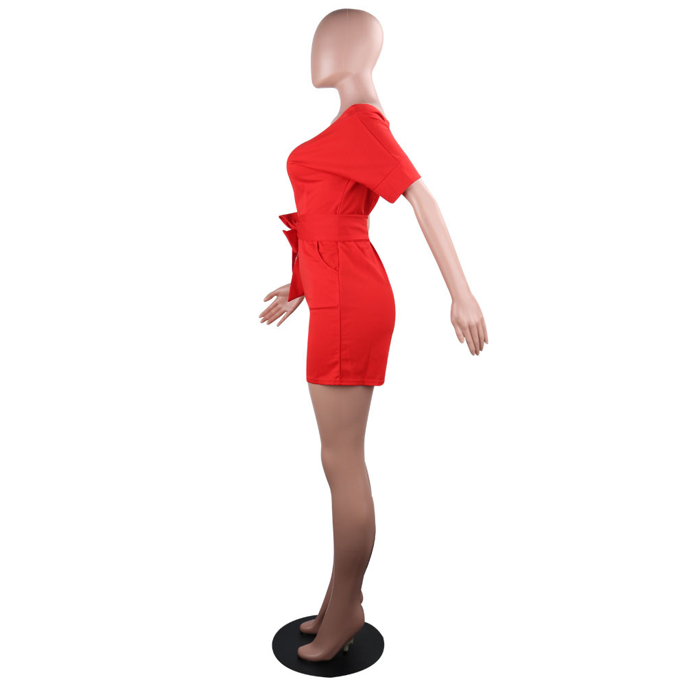 Classic Solid Color Round Neck Hollow Out Cutout Out Short Sleeved Jumpsuit