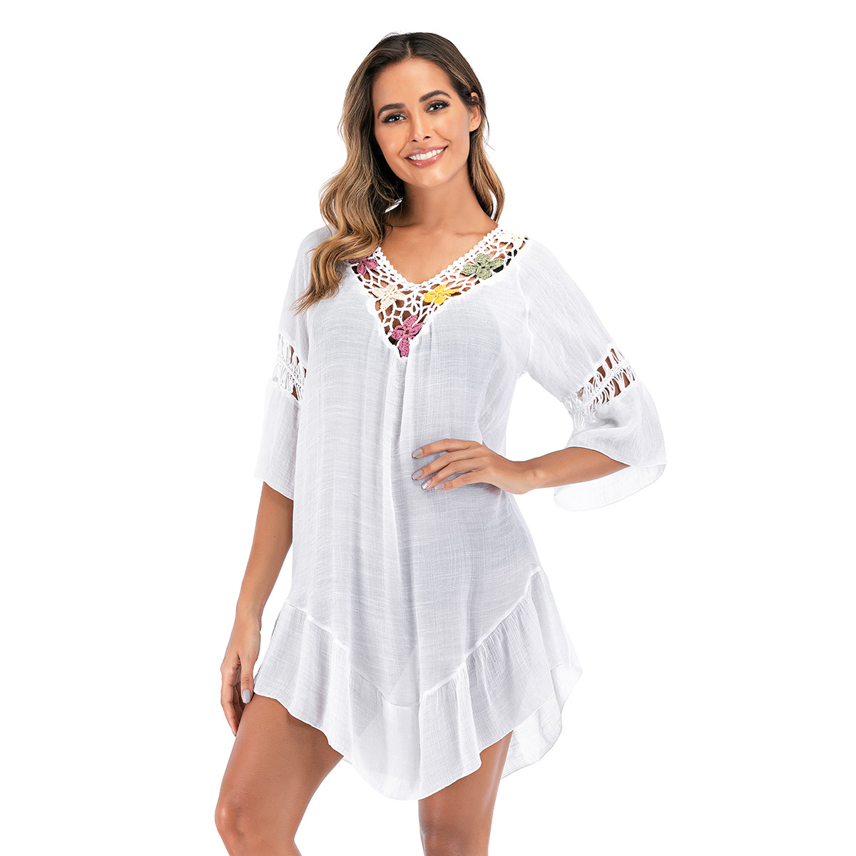 2020跨境新款性感露背手勾花朵沙灘罩衫 度假風(fēng)比基尼防曬衣 批發(fā)