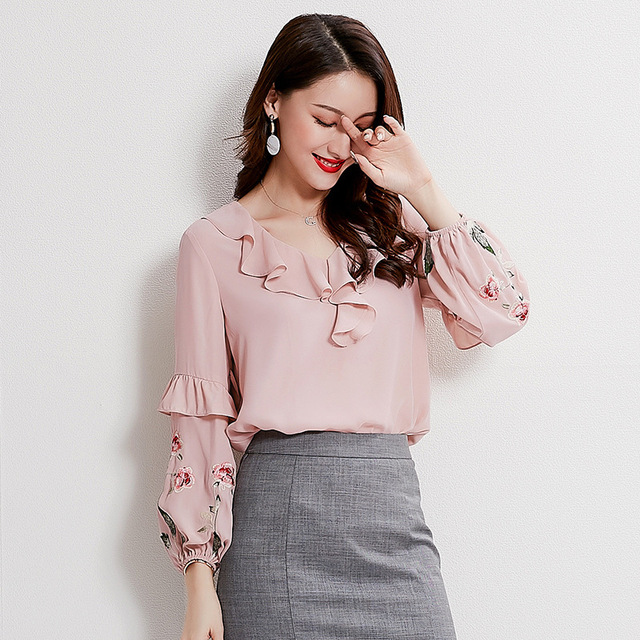 Autumn embroidered V-neck chiffon shirt lotus leaf edge