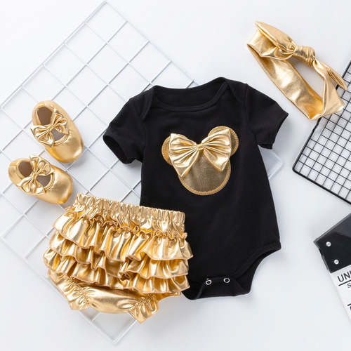 Black and White Newborn Baby Short Sleeve Bodysuit Set with Gold PP Pants and Summer Short Sleeve Diaper Suit with Learning Shoes