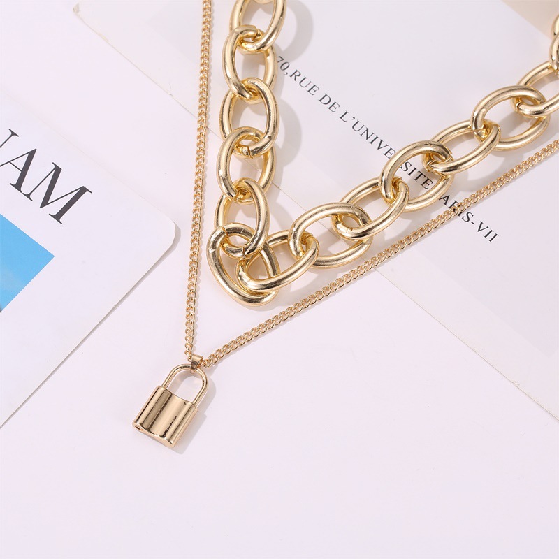 Retro Lock Necklace Punk Exaggerated Double Chain Necklace  Clavicle Chain Chain Wholesale Nihaojewelry display picture 5