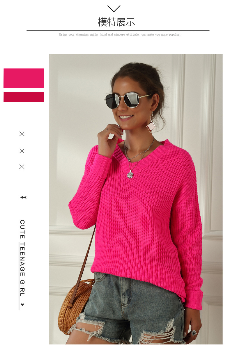 hot style women autumn and winter new women s fluorescent color V-neck ladies sweater NSYH7178