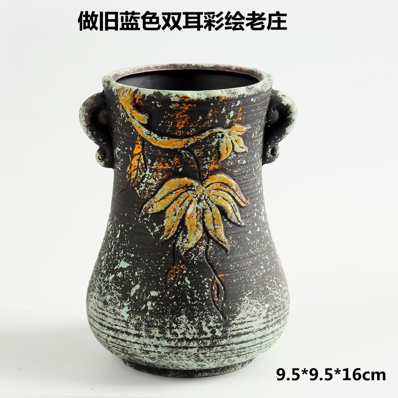 做旧双耳蓝色彩绘老庄-2