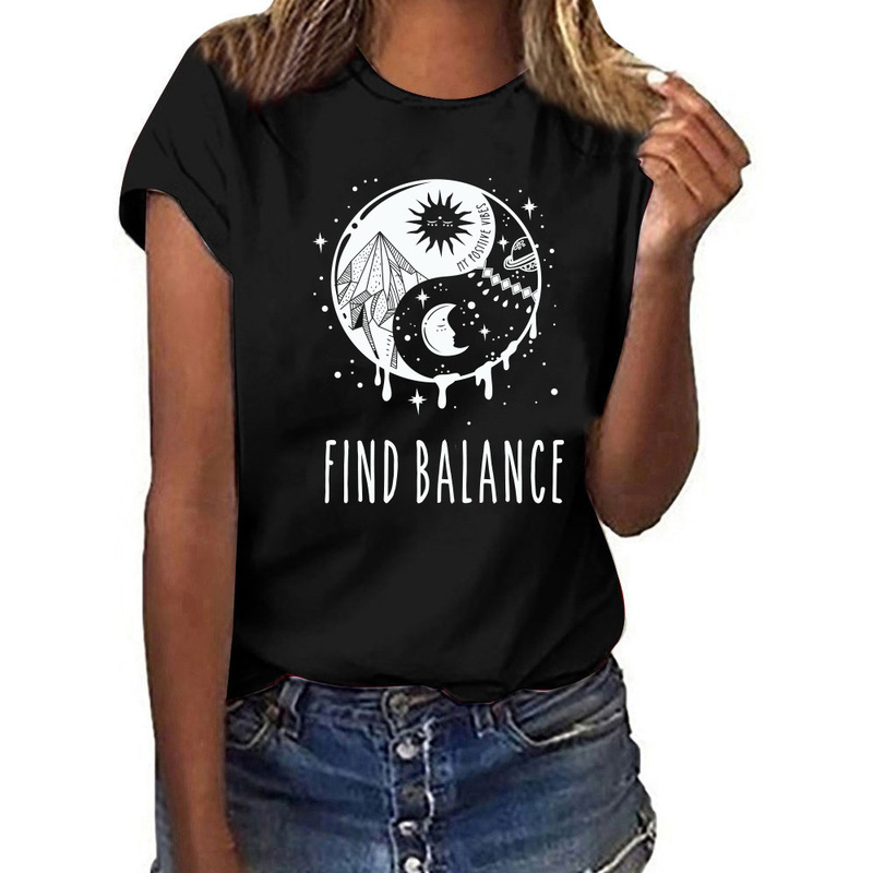 Find balance Sun Moon Gossip Printed Short-sleeved T-shirt Women's European and American Casual Polyester Cotton Loose T-shirt