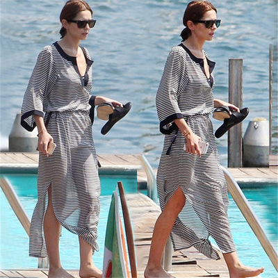欧美新款雪纺黑白条纹腰抽带沙滩裙度假长裙比基尼外罩衫防晒衣女|ms