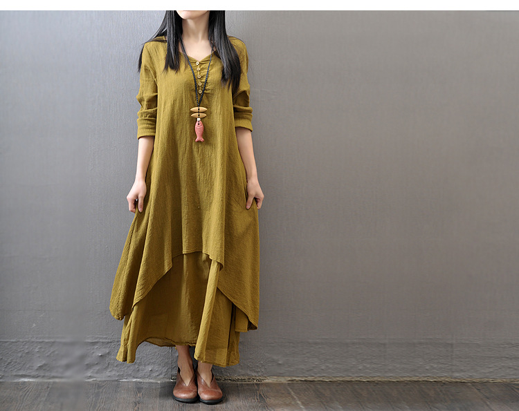 Loose Cotton & Linen Fake 2 Piece Long Dress NSYF47097