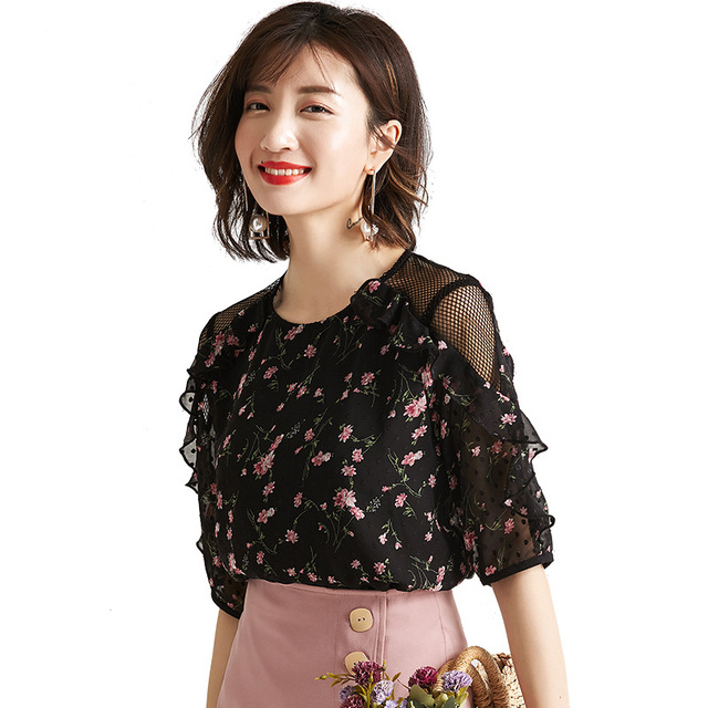 New Sweet Mesh Yarn Splicing Lotus Leaf Edge Chiffon Summer Shirt