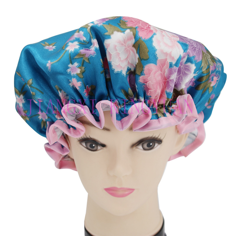 direct deal 2020 new pattern printing Satin PEVA lady Bathing cap adult double-deck waterproof Shower cap Cross border