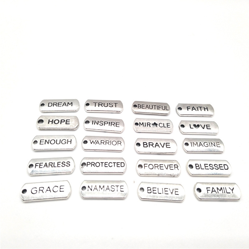 Cross-Border Hot-Selling Inspirational English Word Zinc Alloy Tag Rectangular Xizang Silver Letter Pendant Necklace Bracelet Accessories