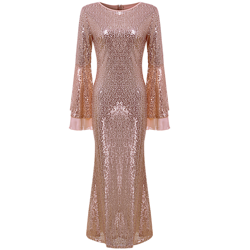 chiffon stitching sequined trumpet sleeve dress  NSSA39961