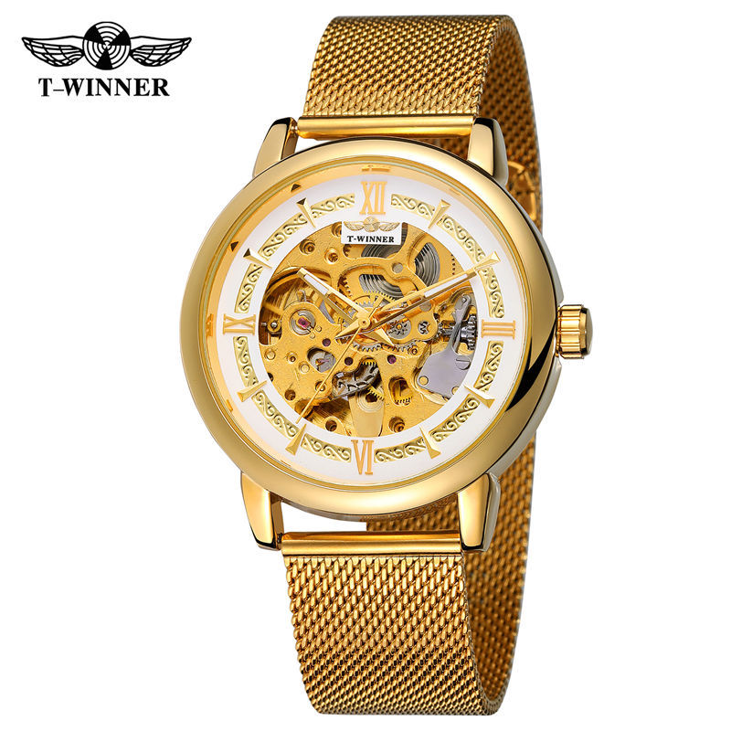 Ganador reloj mecánico automático de los hombres moda hueco transparente Fondo volante Acero inoxidable malla cinturón reloj mecánico B099