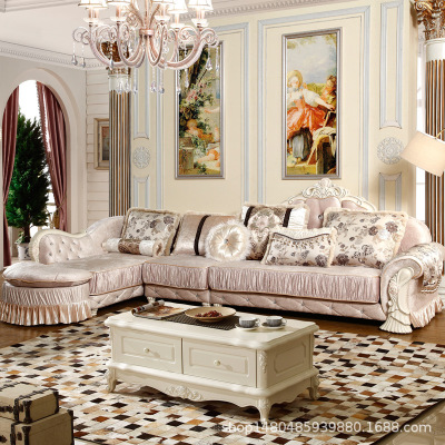 欧式布艺沙发组合可拆洗简欧转角全实木雕花木架大小户型客厅家具|ru