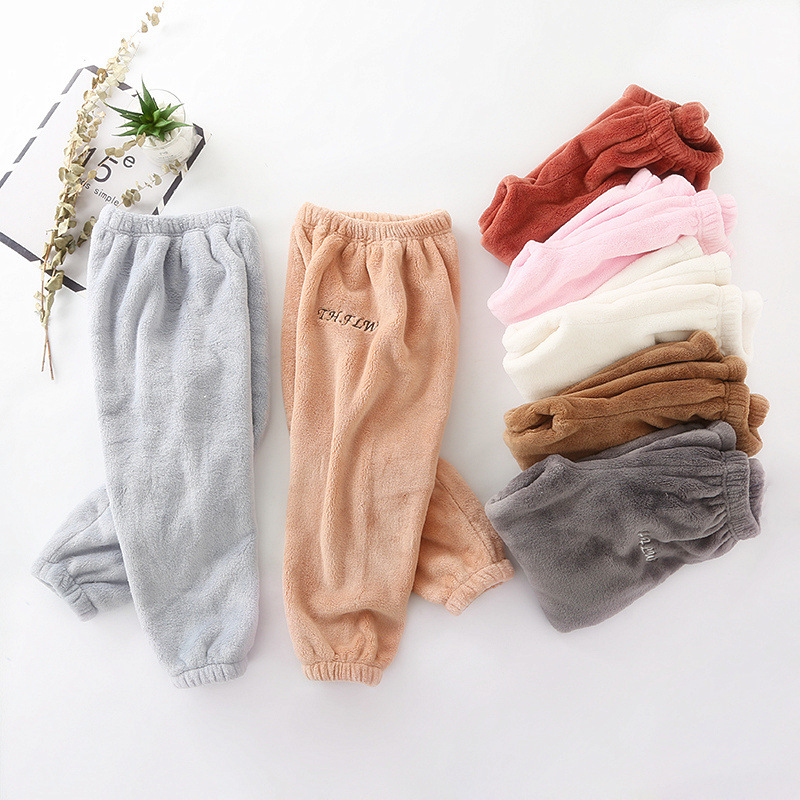 children Warm Plush keep warm Home pants Boy girl thickening Coral Pajamas trousers 90-170