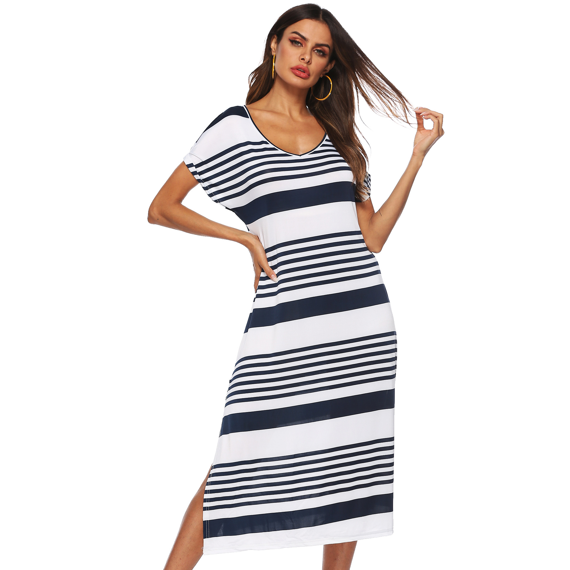 V Neck Striped Maxi Dress Loose Fit Side Slit Beachwear Perfect for Summer Outings Wholesale Available