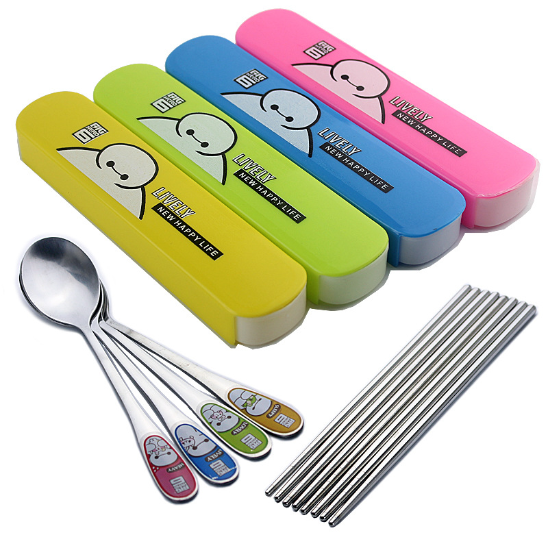 Stainless steel Cartoon children Cutlery Set gift tableware Two piece set White Box new pattern Cartoon chopsticks