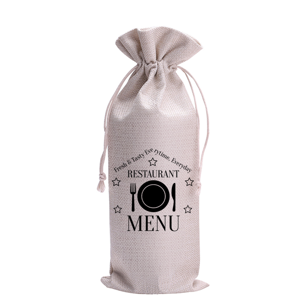 跨境热销 简约茶具印花亚麻包装袋 红酒礼品收纳袋麻束口袋可定制