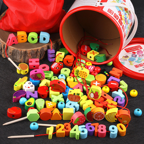Larger Hand Holds Smaller Hand Wooden Bead Stringing 100 Pcs Number Letter City Transportation Fruits Vegetables Farm Children's Toy