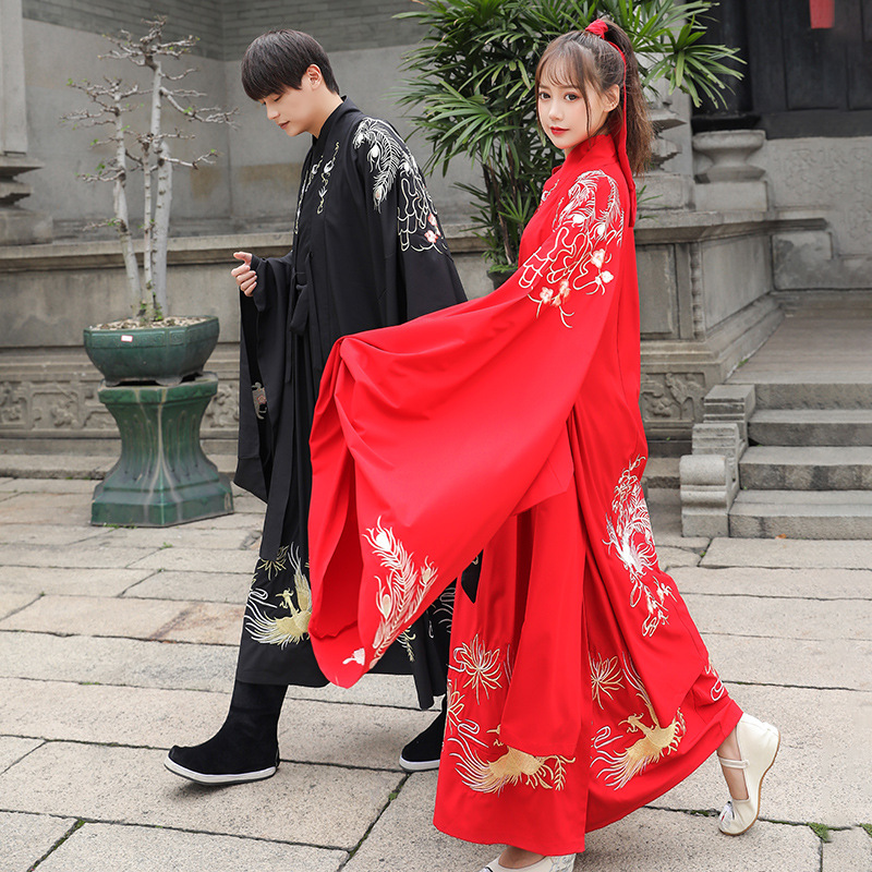 Couple Student Hanfu Phoenix and Dragon Pattern Men's Heguan (Long-Sleeved Shirt) Women's Large-Sleeved Shirt Embroidered Skirt Han Element Class Uniform Set