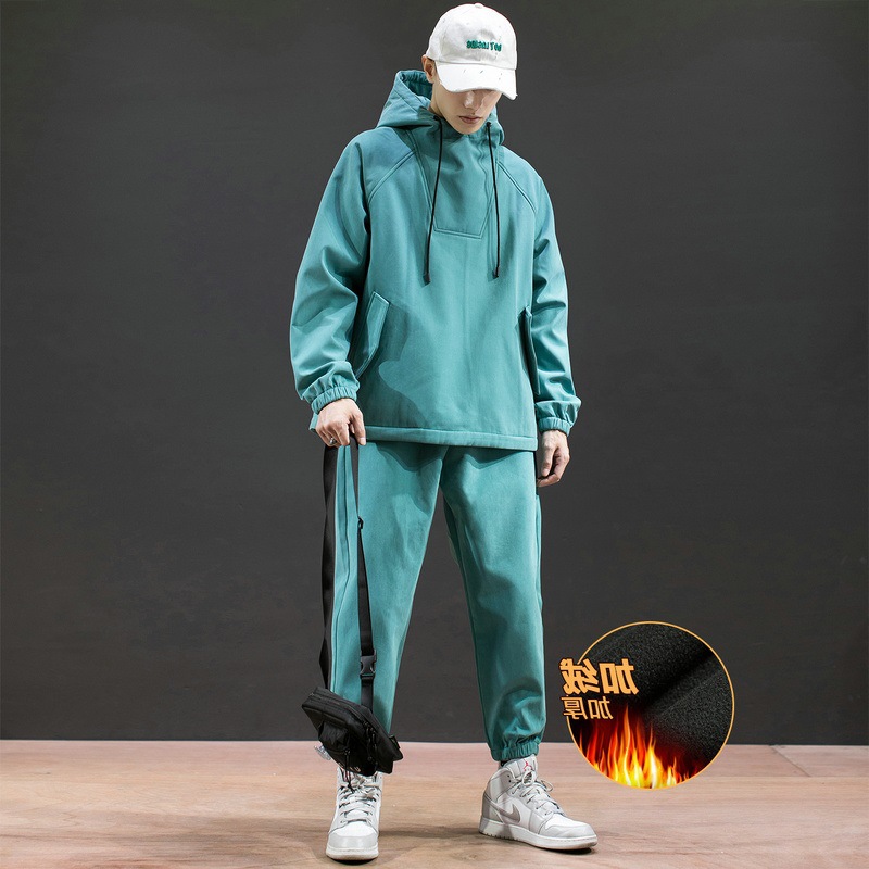 2019年秋冬季新款男生潮牌休闲运动套装男加绒运动服两件套宽松男|ru