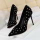 825-6 European and American fashionable, sexy and slim nightclub women's shoes with high heel, suede, shallow mouth and sharp metal rivet single shoes