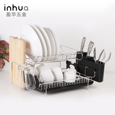 多功能厨房沥水碗架双层不锈钢碗碟架带砧板架餐具置物架