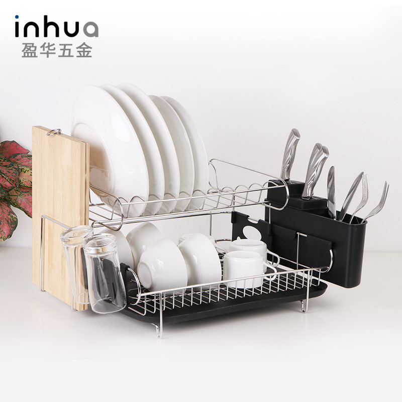 多功能厨房沥水碗架双层不锈钢碗碟架带砧板架餐具置物架