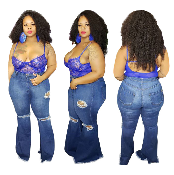 Holes Stretch Slim Plus Size Flared Jeans NSSF89989