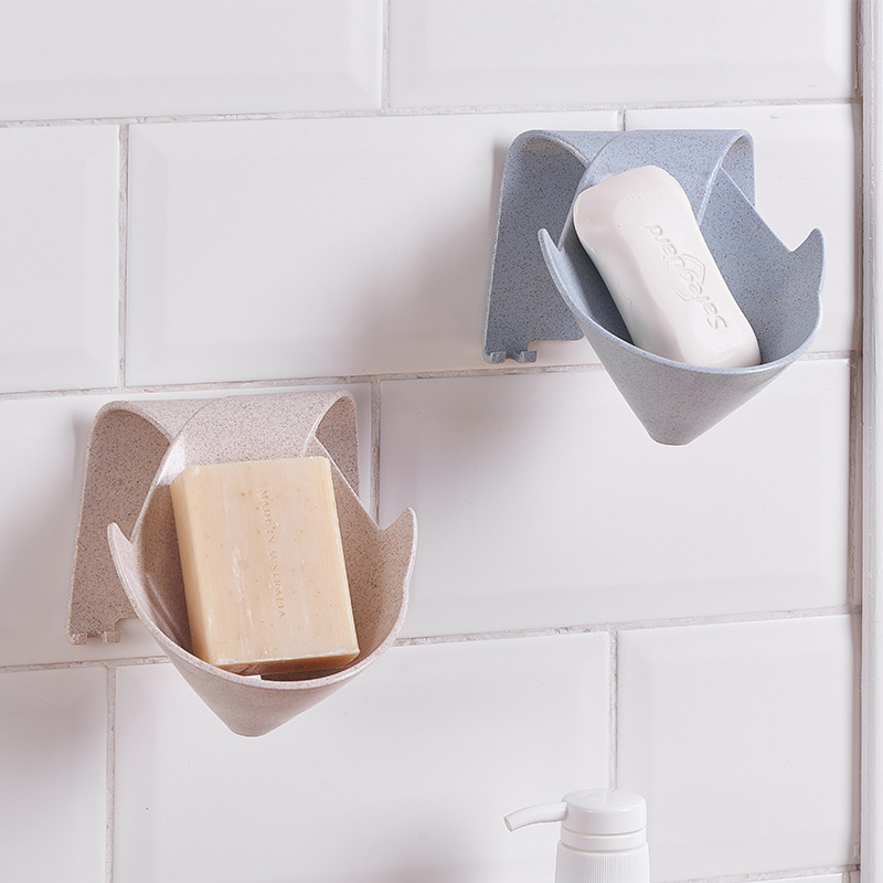 創意瀝水衛生間香皂盒 吸盤壁挂肥皂盒 免打孔小麥稭稈香皂架