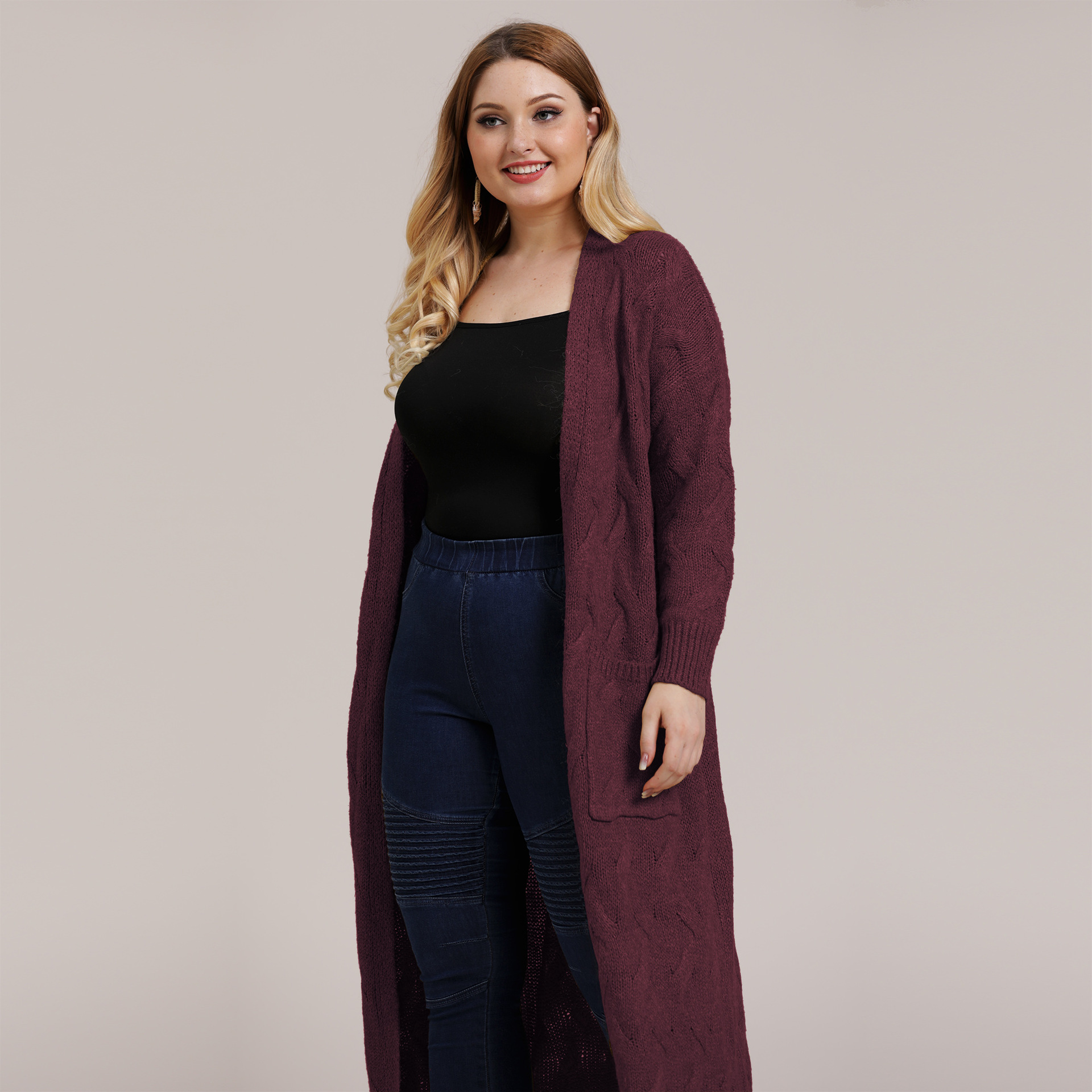 Plus size solid color knit cardigan NSOY45935