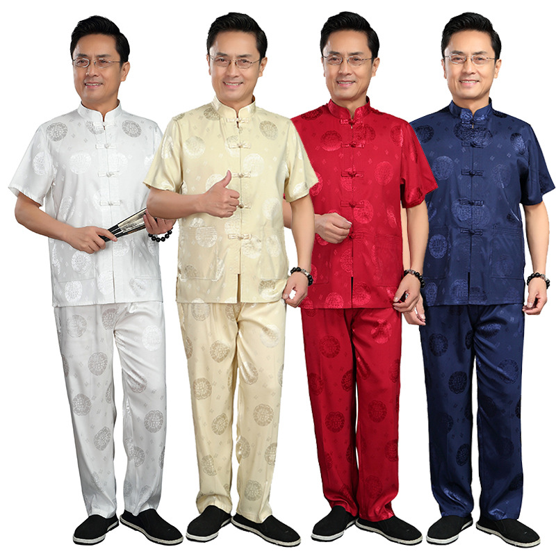 中老年男式唐装绸缎短袖套装中国风民族服装晨练太极服居士服男士|ru