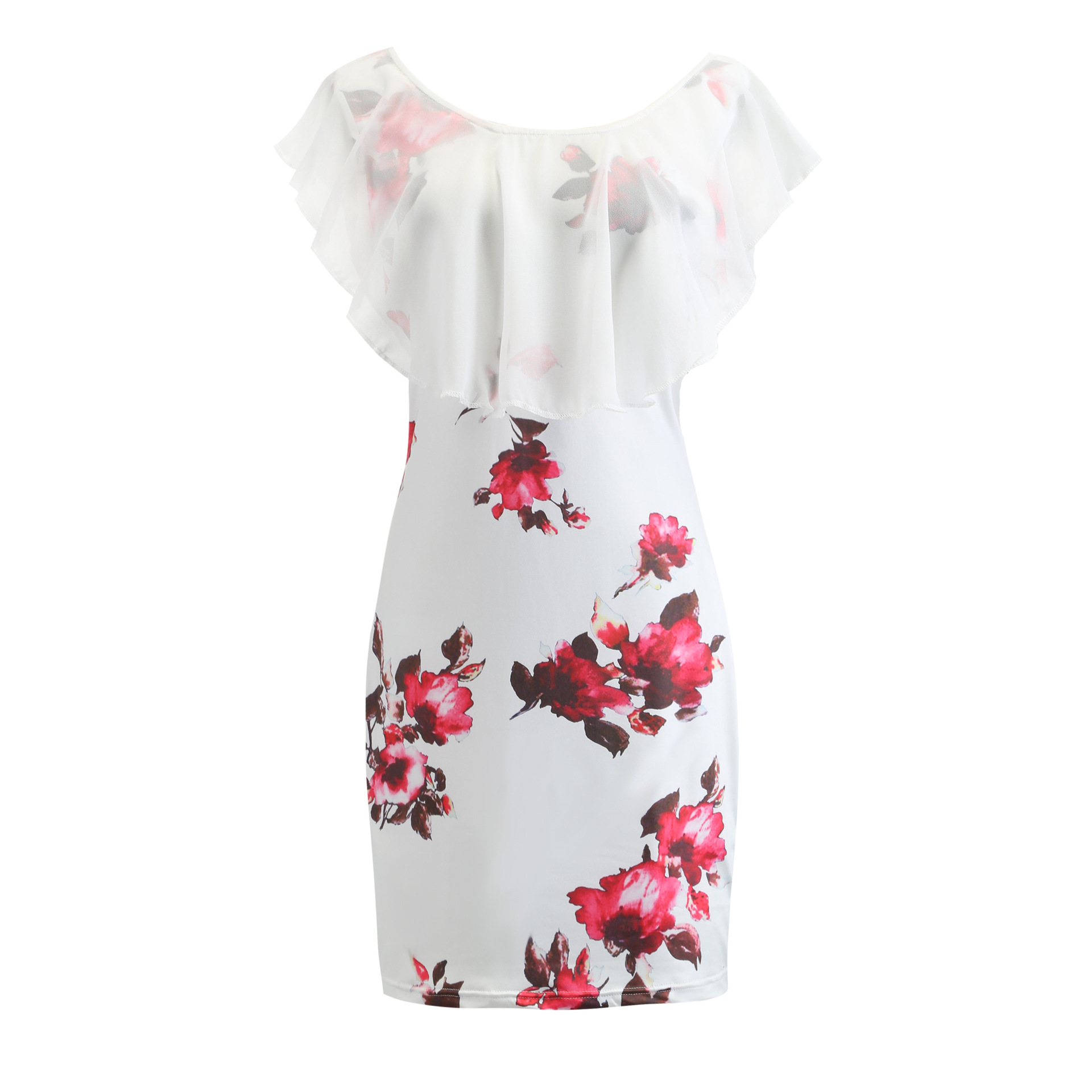 slim ruffle round neck short flower print dress NSFH130975