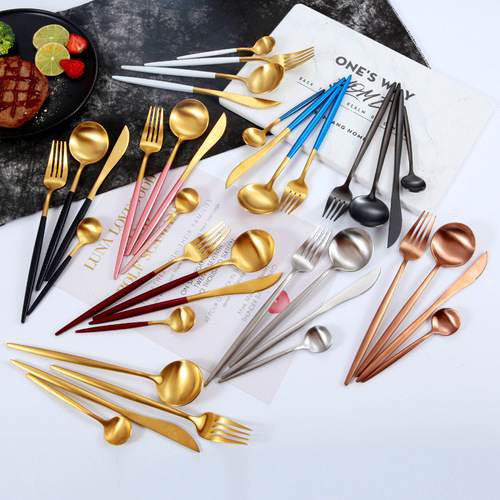 Portuguese 304 stainless steel tableware titanium gold brushed steak knife fork spoon set Western dinnerware creative gift