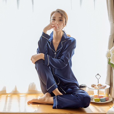 【好梦纷】跨境春秋季仿真丝长袖睡衣女夏开衫大码欧美丝绸家居服|ms
