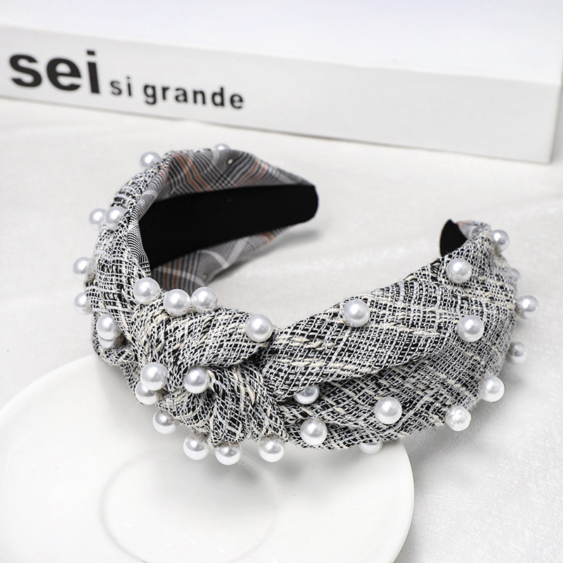 Simple And Stylish Cloth Lady's Headband Houndstooth Tartan Material Nail Pearl Knotted Hair Hoop display picture 6