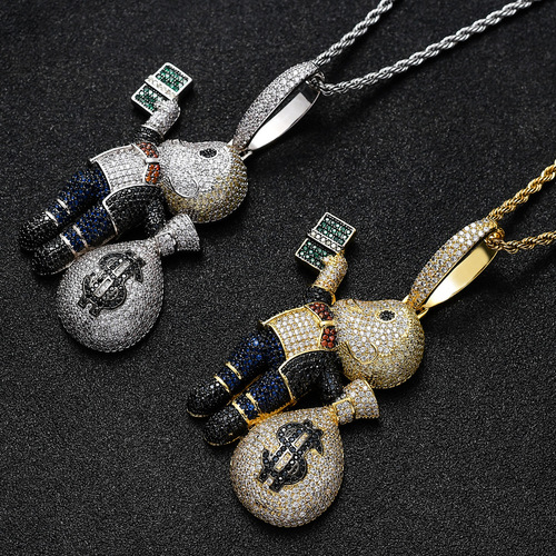 Amazon Europe and America Necklace Hip Hop Hand Grab American Dollar Bill Bald Boy Money Bag Colorful Zirconite Tassel Pendant 