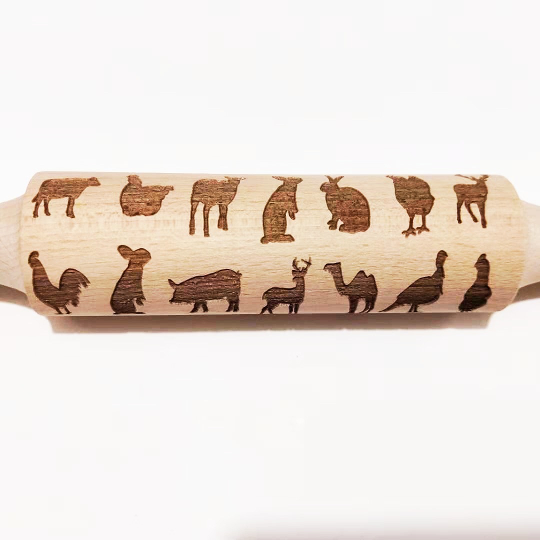 Madera Rolling pin haya grabado láser impresión Rolling pin relieve Rolling pin cuero Navidad fondant galleta presionando palo