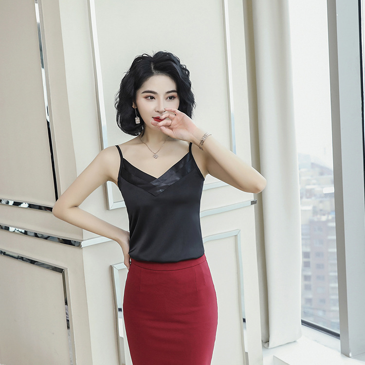 Summer New Vest Sling Women's Base Shirt All-match Satin Large Size Sling Shirt Lace V-Neck Sling Short Summer New Vest Sling Women's Base Shirt All-match Satin Large Size Sling Shirt Lace V-Neck Sling Short