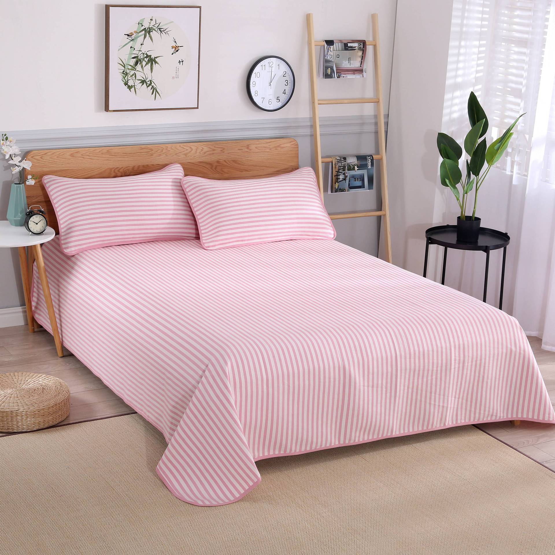 工厂直销纯棉粗布凉席床单一件代发可机洗1.5/1.8米床粉白条