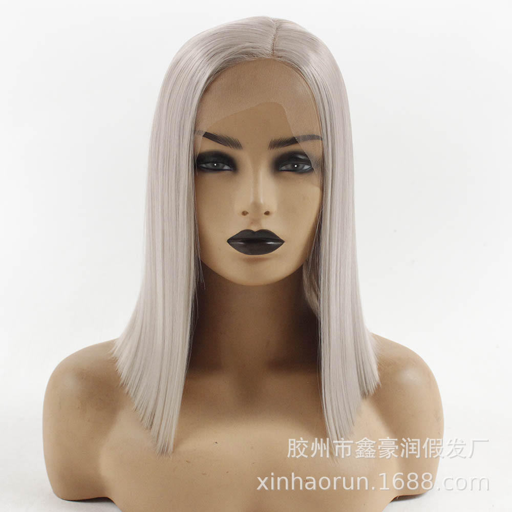 短款齐头两边对等灰色直发化纤前蕾丝头套高温丝波波头女士头套