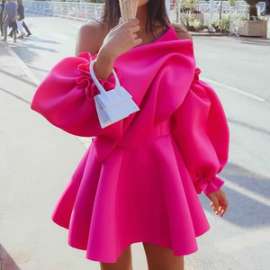 Women hot pink off shoulder slant neck evening dresses singers nightclub stage performance dress Lantern Sleeve High Waist Ruffled Swing Dress for lady