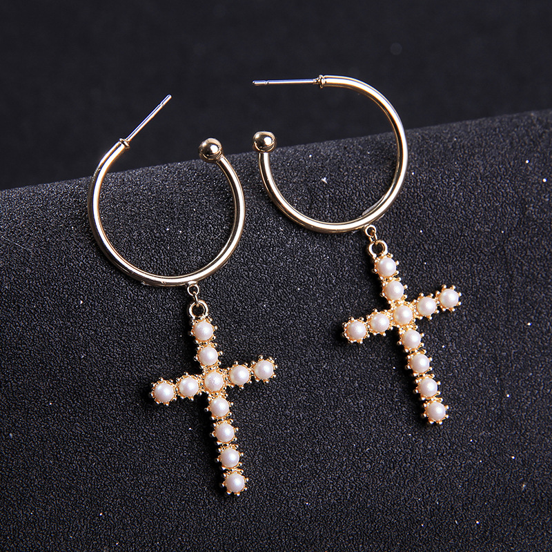 Fashion Long Cross Pearl Inlaid Earrings display picture 10