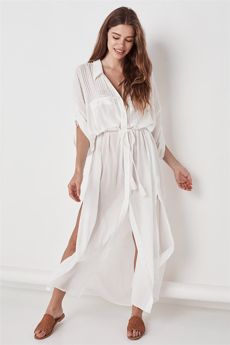 mid-sleeve lapel lace-up slit solid color shirt style beach outdoor cover-up NSMUX131841