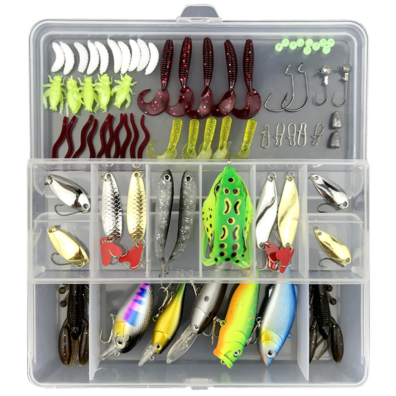 Bait Kit Freshwater Bait Kit Bass Salmon Tackle Kit Includes Spoon Bait Soft Plastic Worms Crank Bait Hook Tackle Box