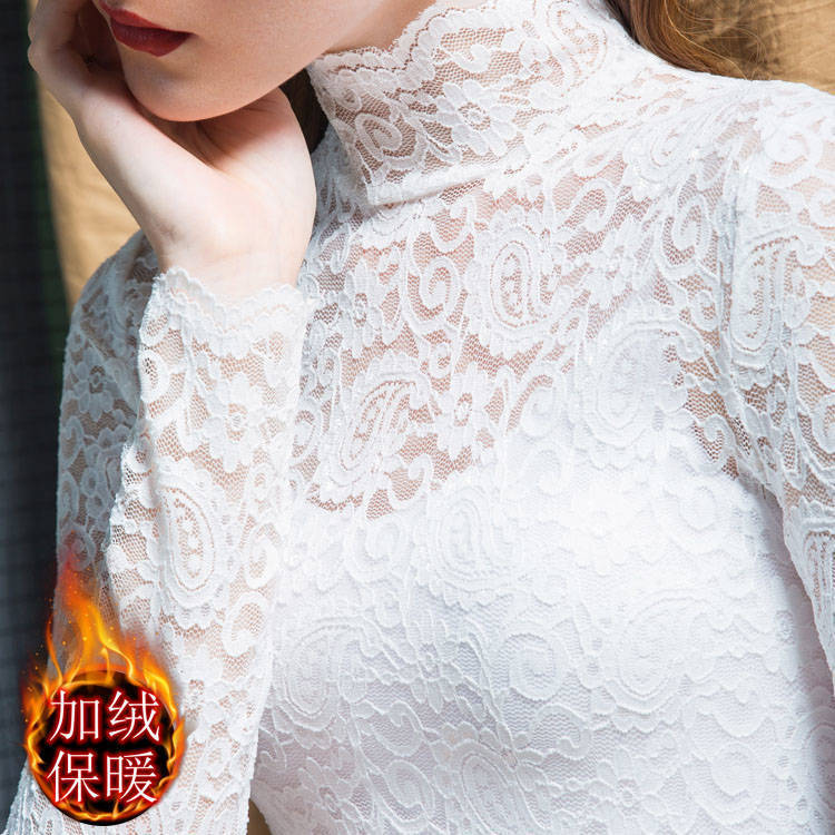 2019 Autumn and Winter New Stretch Lace Base Shirt High Collar Velvet Thickened Inner Western Style Small Shirt Women's Top