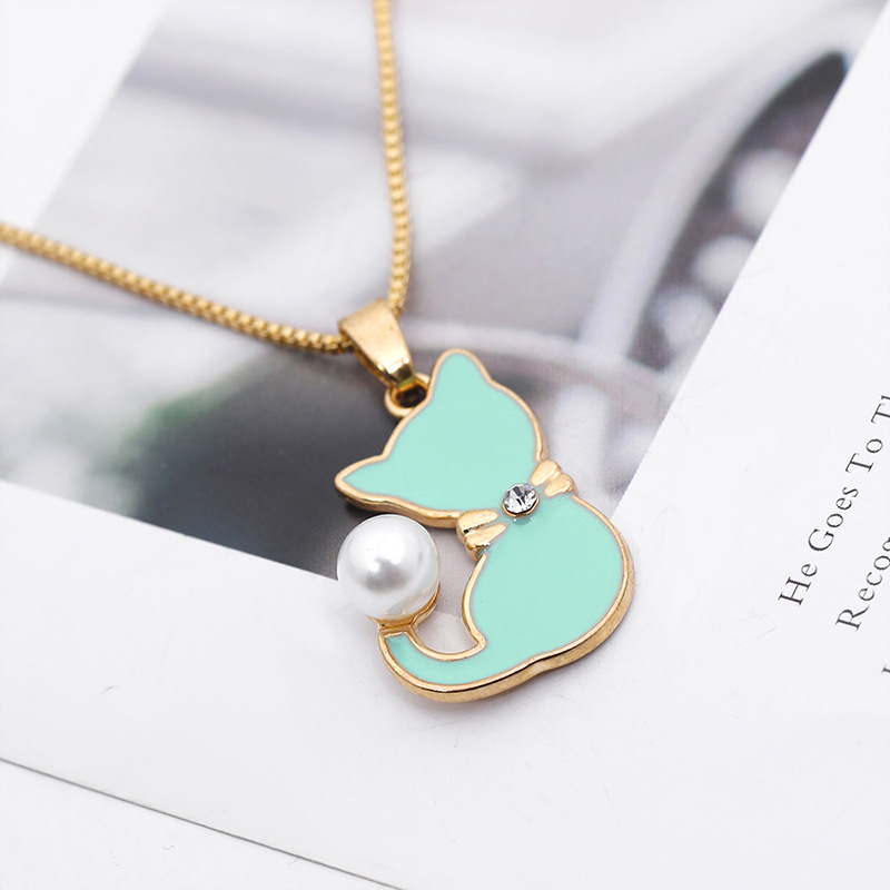 Necklace Clavicle Chain Wild Cute Cartoon Alloy Dripping Pearl Cat New Clavicle Chain Wholesale Nihaojewelry display picture 5