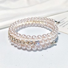 韓國流行款水鑽珍珠手鐲 3層纏繞時尚手環 女 韓版飾品批發
