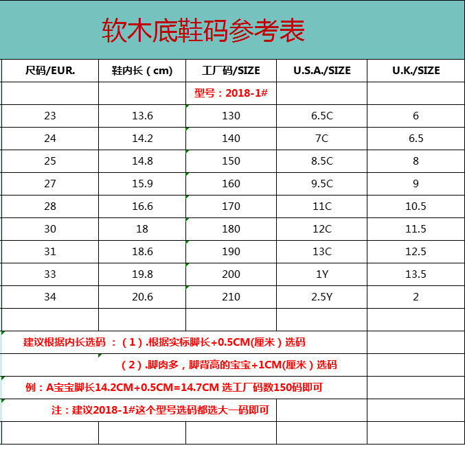 2018-1#鞋码对照表