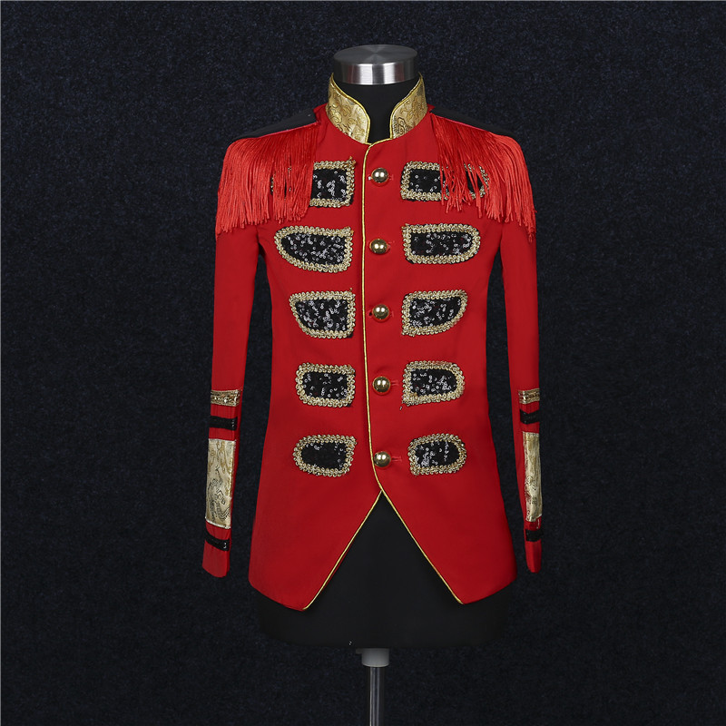 Men's red colored jazz dance coats singers stage performance European court Red general uniform host film drama cosplay Embroidered Epaulettes Stand Collar jackets