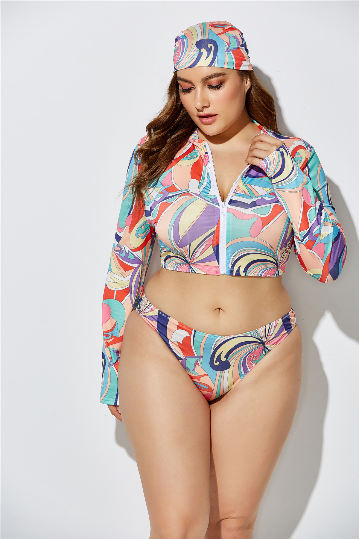 printed large size split swimwear three-piece set NSLM28961